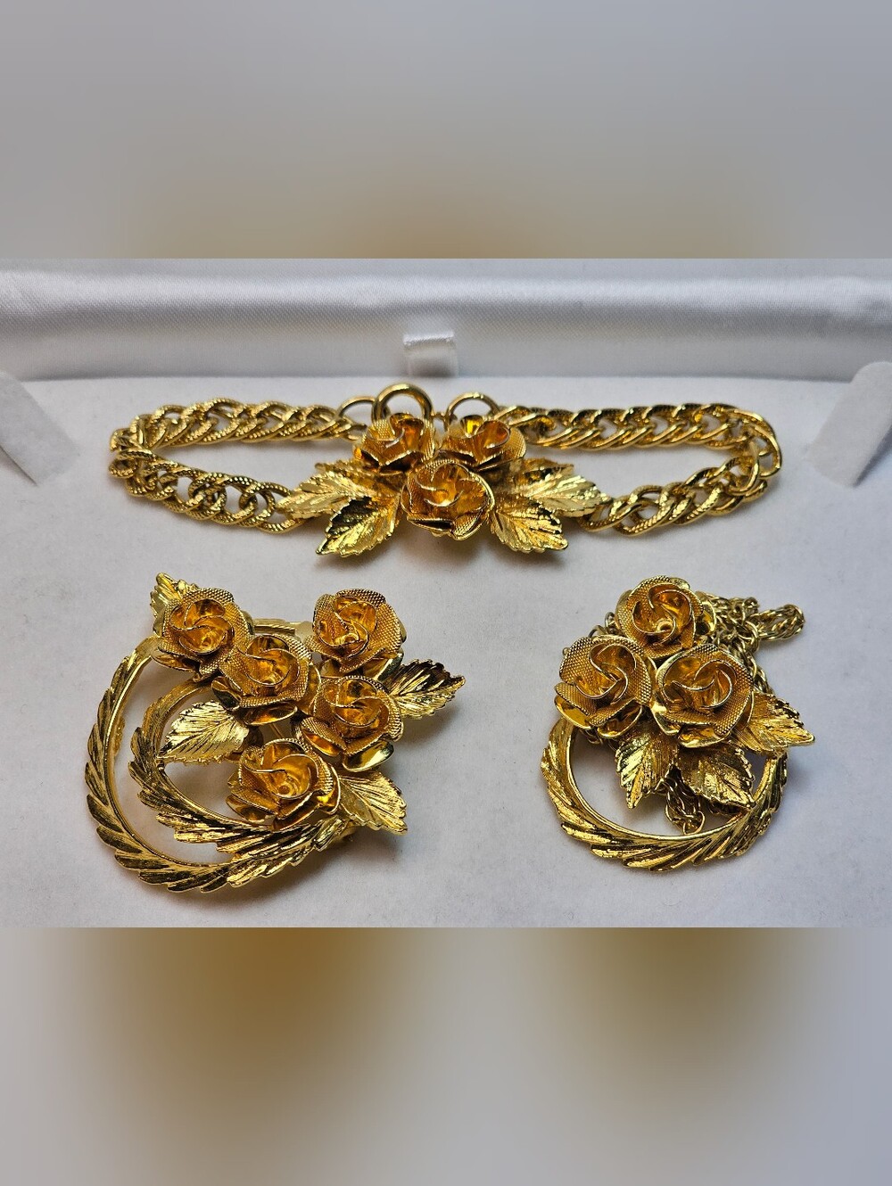 Coro Gold Floral Rose Necklace, Bracelet and Brooch Set